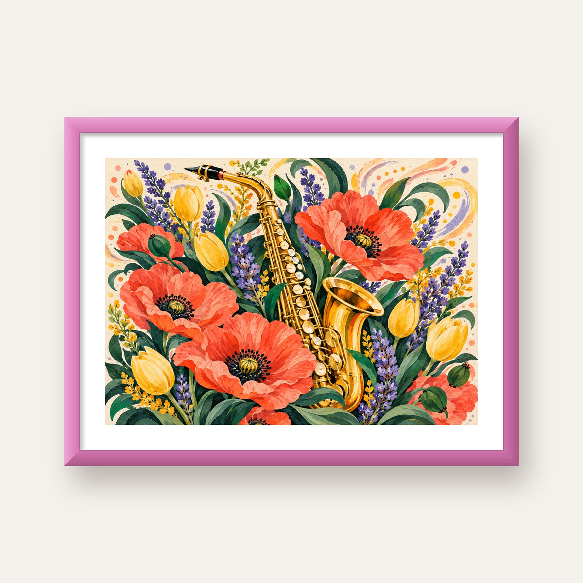 Saksafon ve Çiçekler Suluboya Poster – Renkli Sanat Baskısı — pembe çerçeveli paspartulu