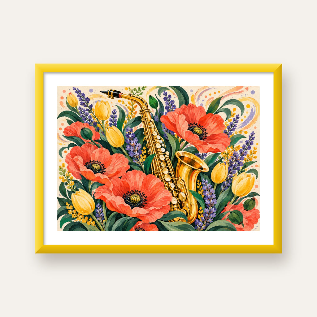 Saksafon ve Çiçekler Suluboya Poster – Renkli Sanat Baskısı — sarı çerçeveli paspartulu