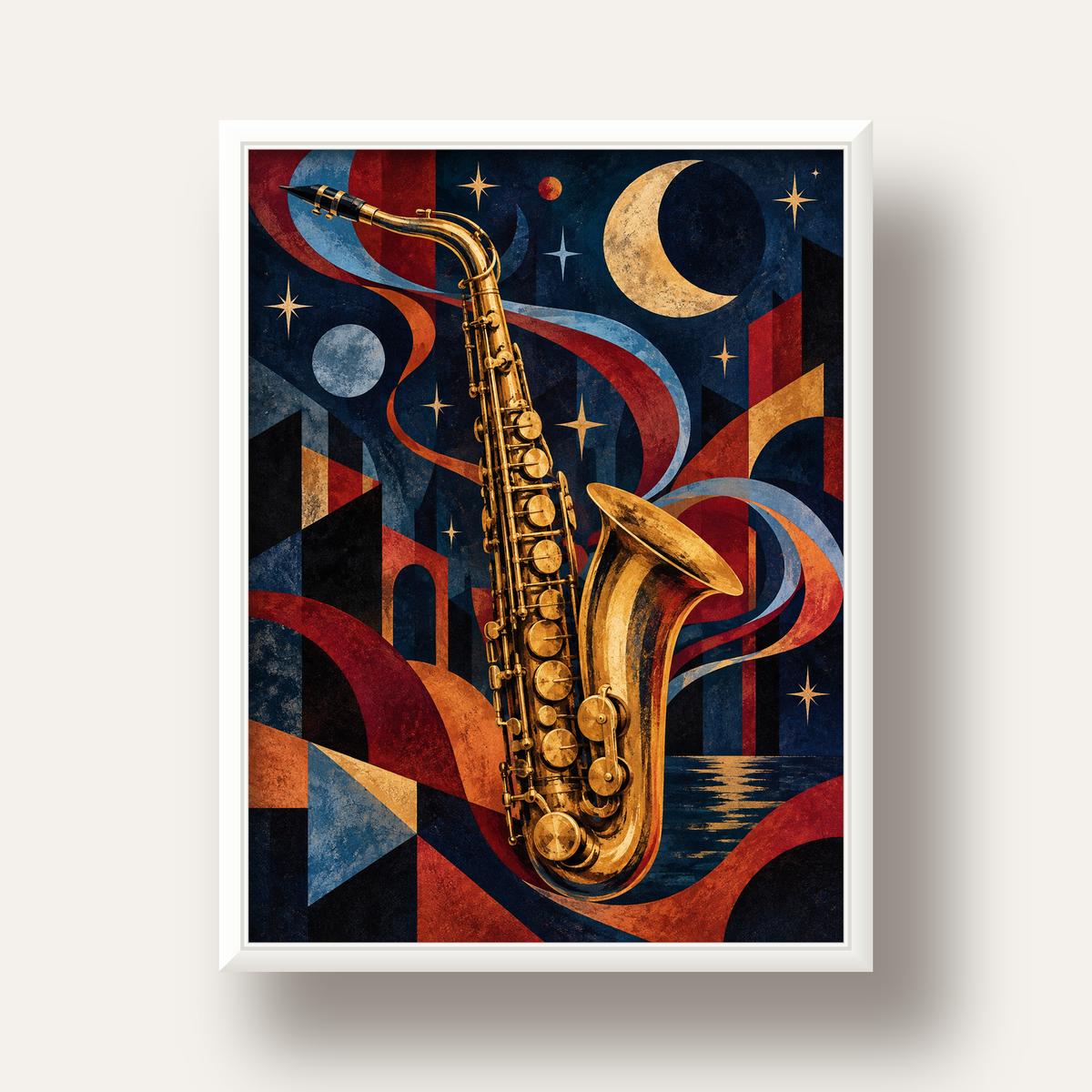 Saksafon ve Gece Manzarası Retro Modern Poster — beyaz derin çerçeveli
