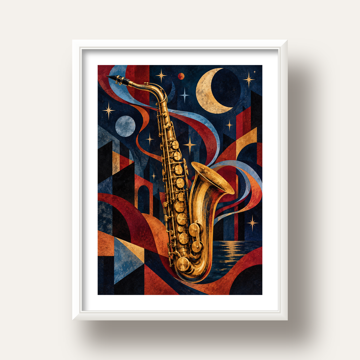 Saksafon ve Gece Manzarası Retro Modern Poster — beyaz derin çerçeveli paspartulu