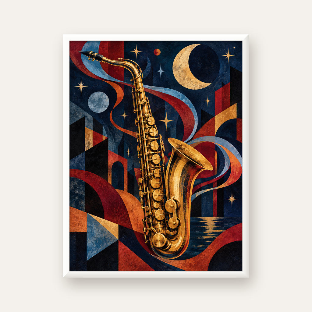 Saksafon ve Gece Manzarası Retro Modern Poster — beyaz çerçeveli dikey poster