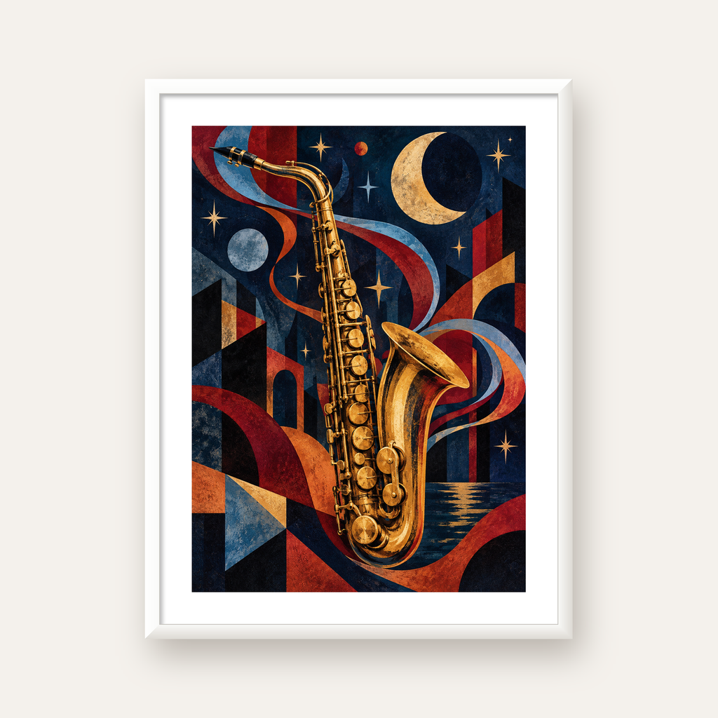 Saksafon ve Gece Manzarası Retro Modern Poster — beyaz çerçeveli dikey poster