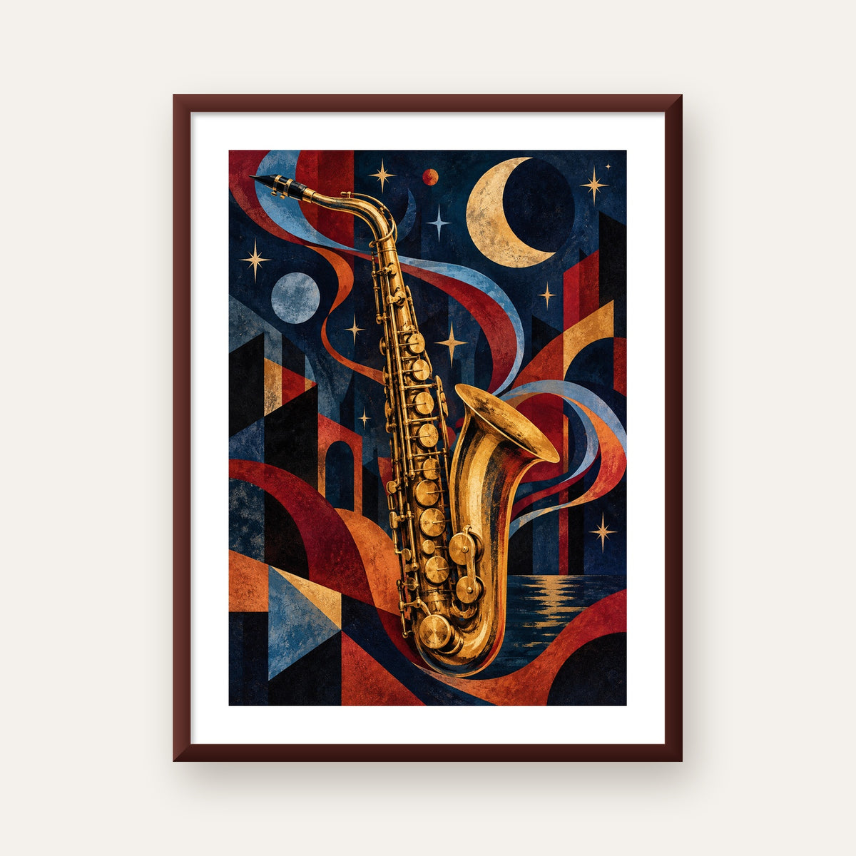 Saksafon ve Gece Manzarası Retro Modern Poster — ceviz çerçeveli paspartulu