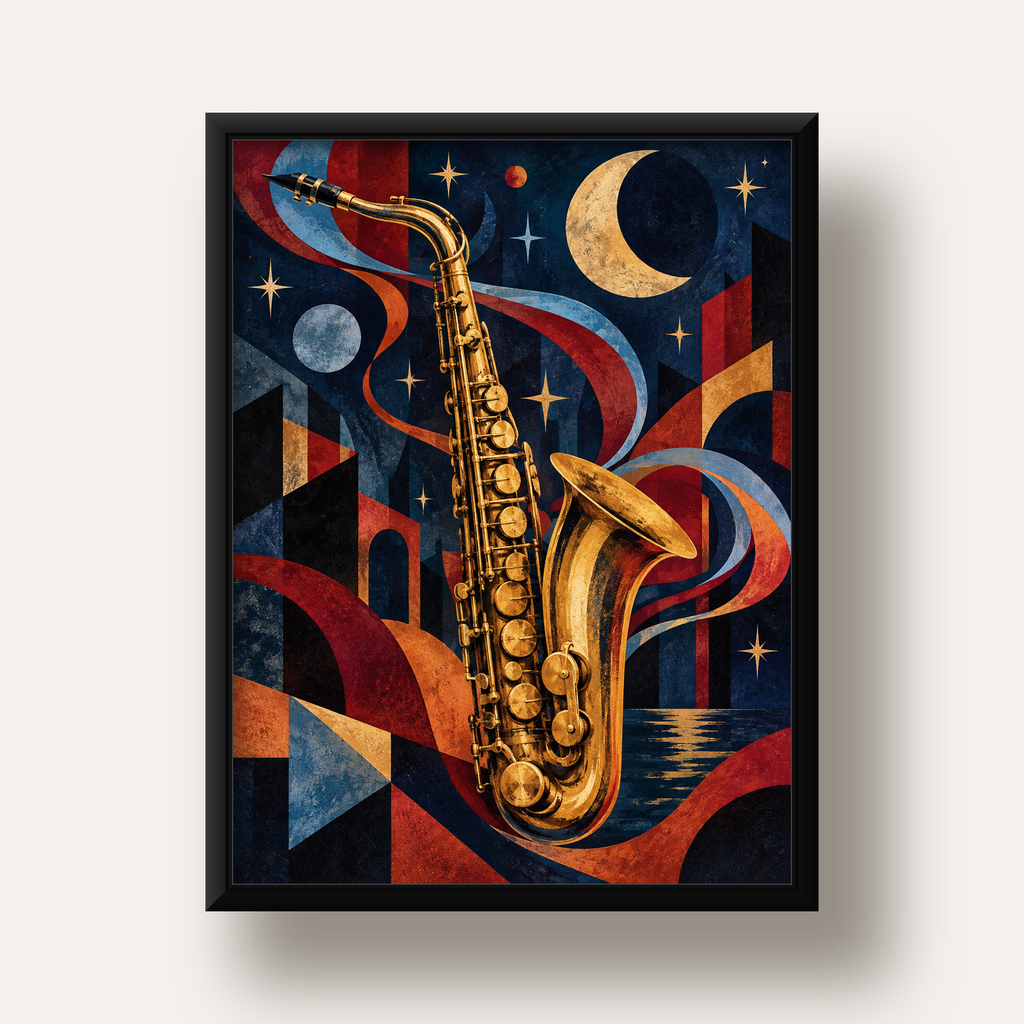 Saksafon ve Gece Manzarası Retro Modern Poster — siyah derin çerçeveli