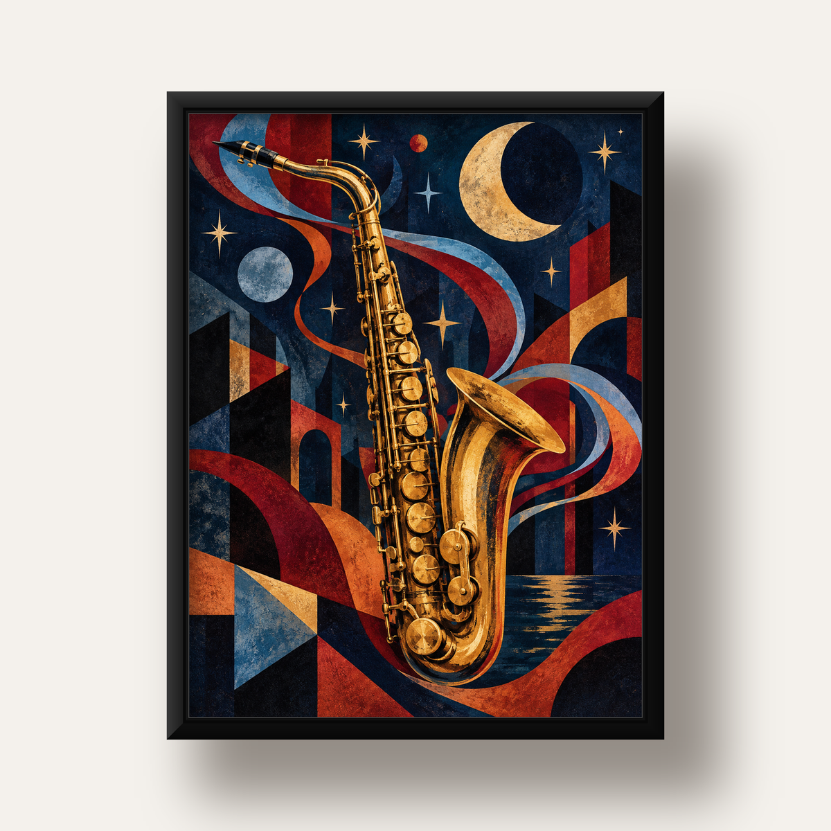 Saksafon ve Gece Manzarası Retro Modern Poster — siyah derin çerçeveli