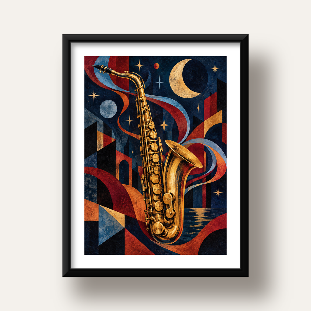 Saksafon ve Gece Manzarası Retro Modern Poster — siyah derin çerçeveli paspartulu