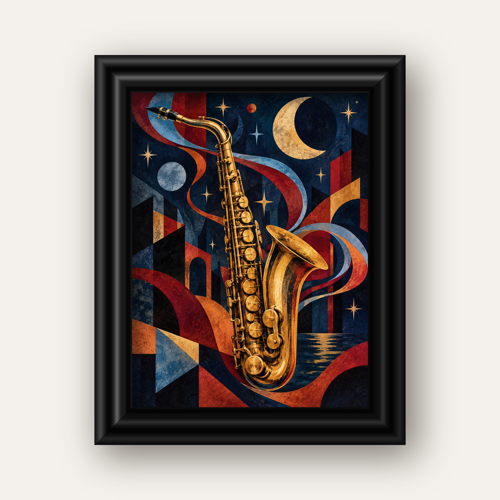 Saksafon ve Gece Manzarası Retro Modern Poster — siyah galeri çerçeveli