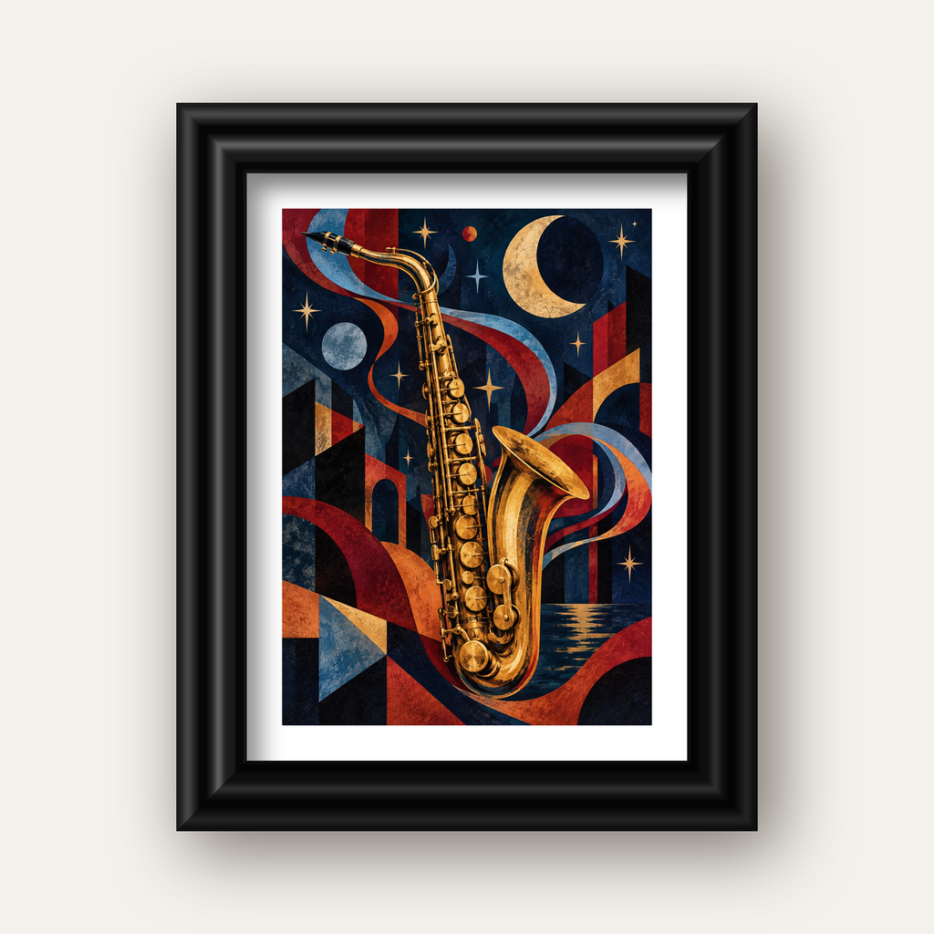 Saksafon ve Gece Manzarası Retro Modern Poster — siyah galeri çerçeveli paspartulu