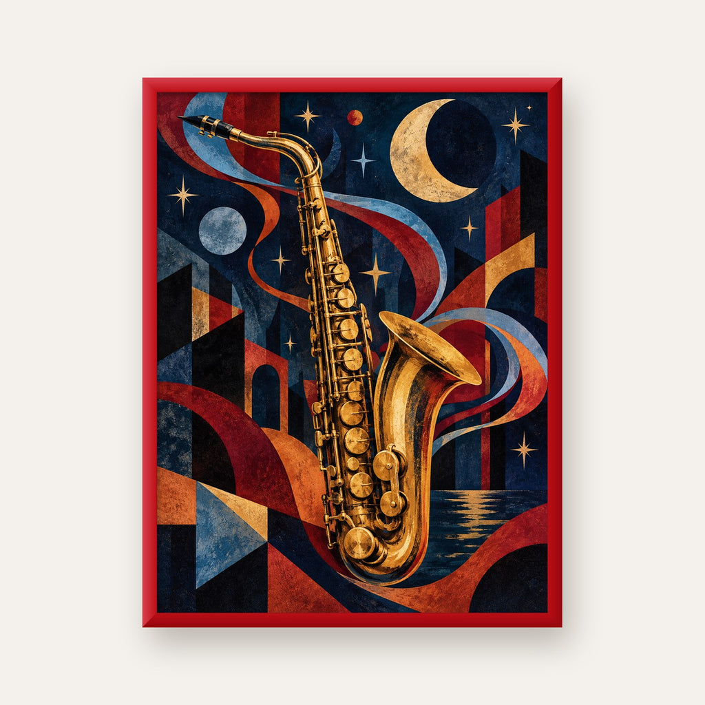 Saksafon ve Gece Manzarası Retro Modern Poster — kırmızı çerçeveli