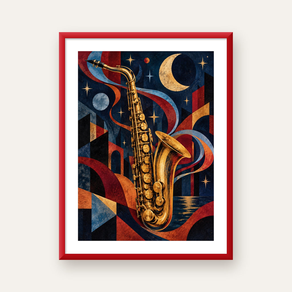 Saksafon ve Gece Manzarası Retro Modern Poster — kırmızı çerçeveli paspartulu