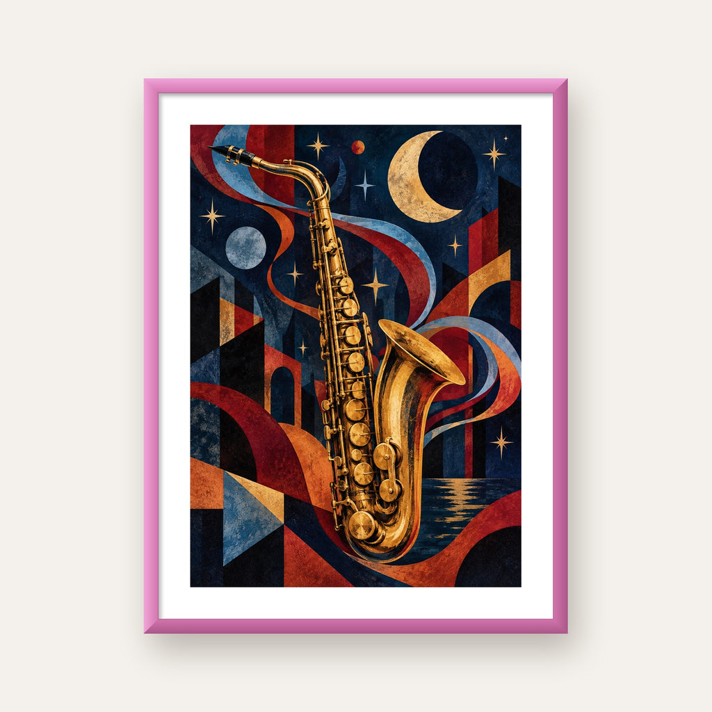 Saksafon ve Gece Manzarası Retro Modern Poster — pembe çerçeveli paspartulu