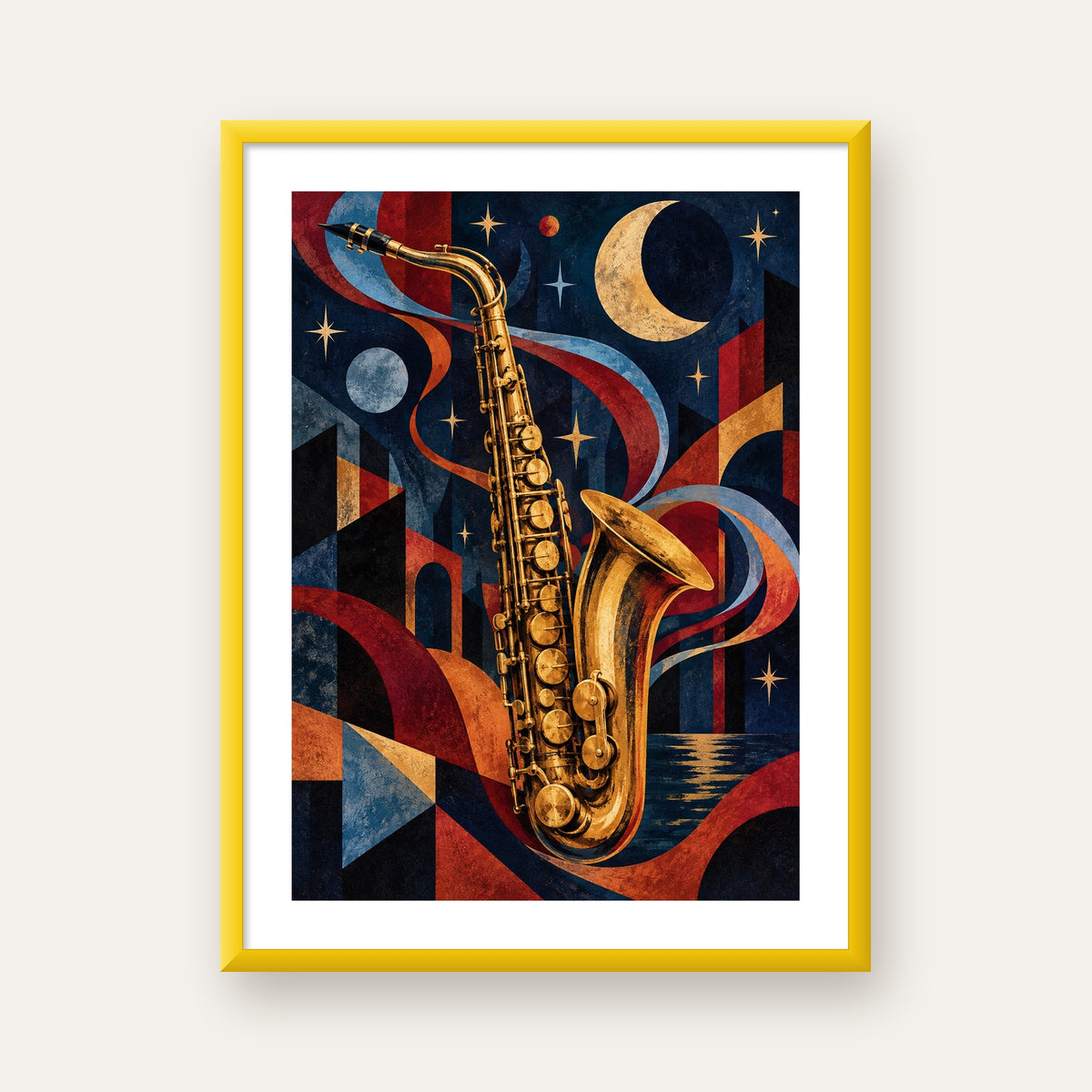 Saksafon ve Gece Manzarası Retro Modern Poster — sarı çerçeveli paspartulu
