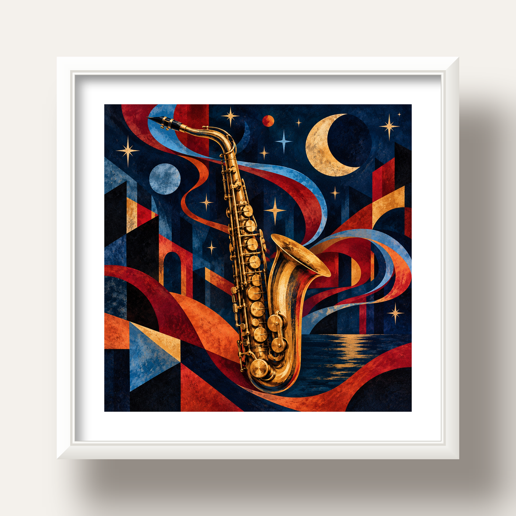 Saksafon ve Gece Manzarası Retro Modern Poster — beyaz derin çerçeveli paspartulu