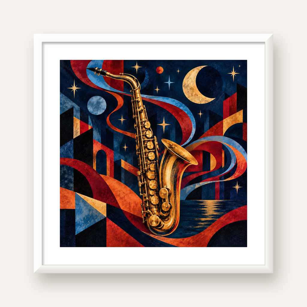 Saksafon ve Gece Manzarası Retro Modern Poster — beyaz çerçeveli kare poster