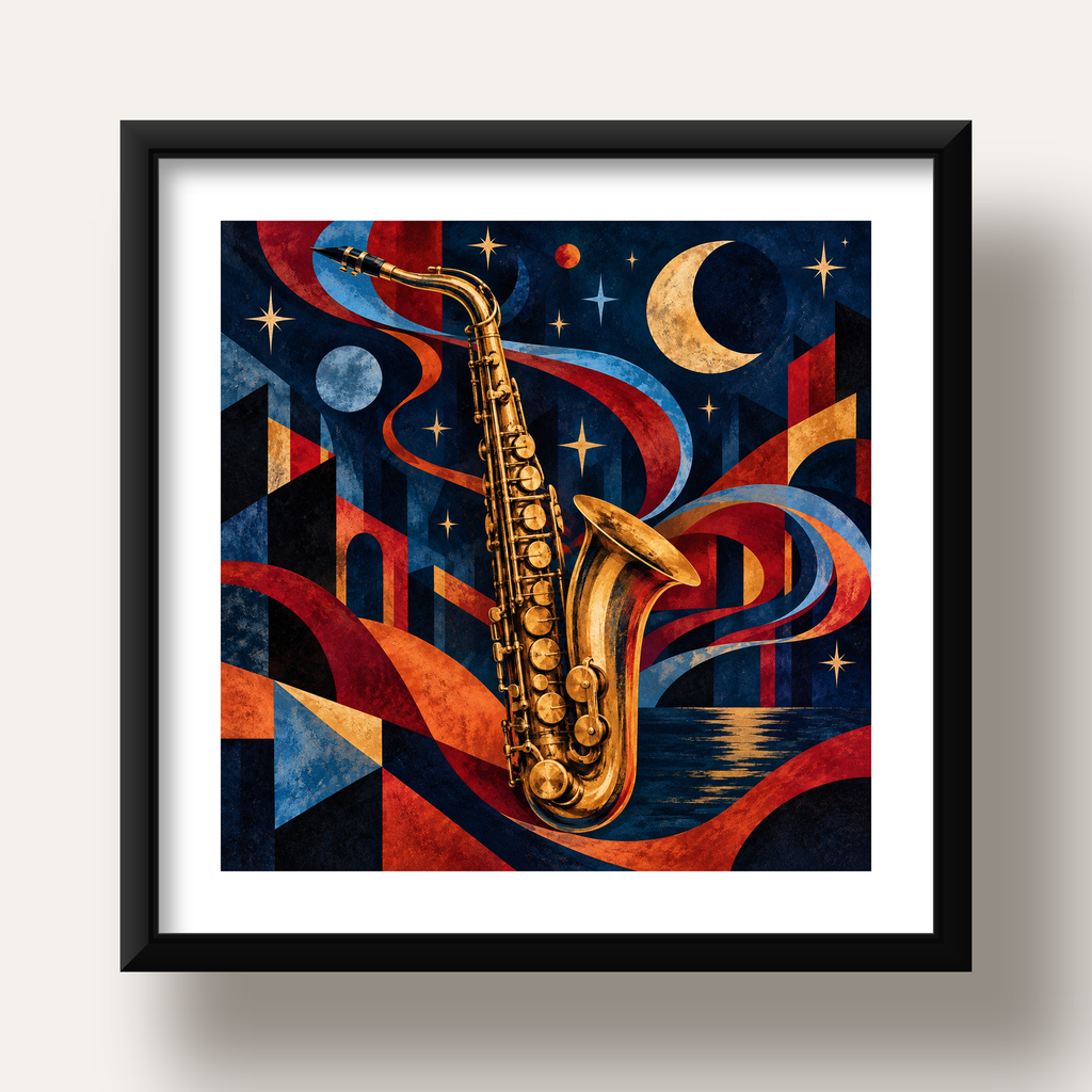 Saksafon ve Gece Manzarası Retro Modern Poster — siyah derin çerçeveli paspartulu