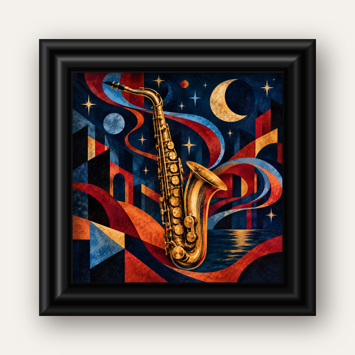 Saksafon ve Gece Manzarası Retro Modern Poster — siyah galeri çerçeveli