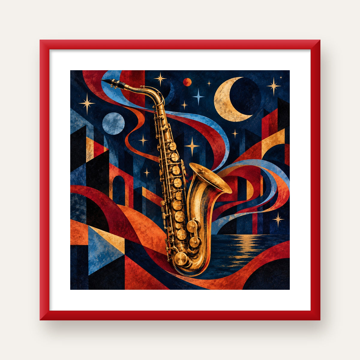 Saksafon ve Gece Manzarası Retro Modern Poster — kırmızı çerçeveli paspartulu