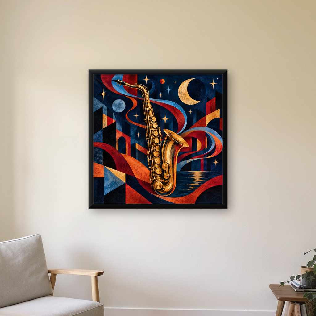 Saksafon ve Gece Manzarası Retro Modern Poster — Kare baskı, çerçeveli hâliyle bir ev duvarında