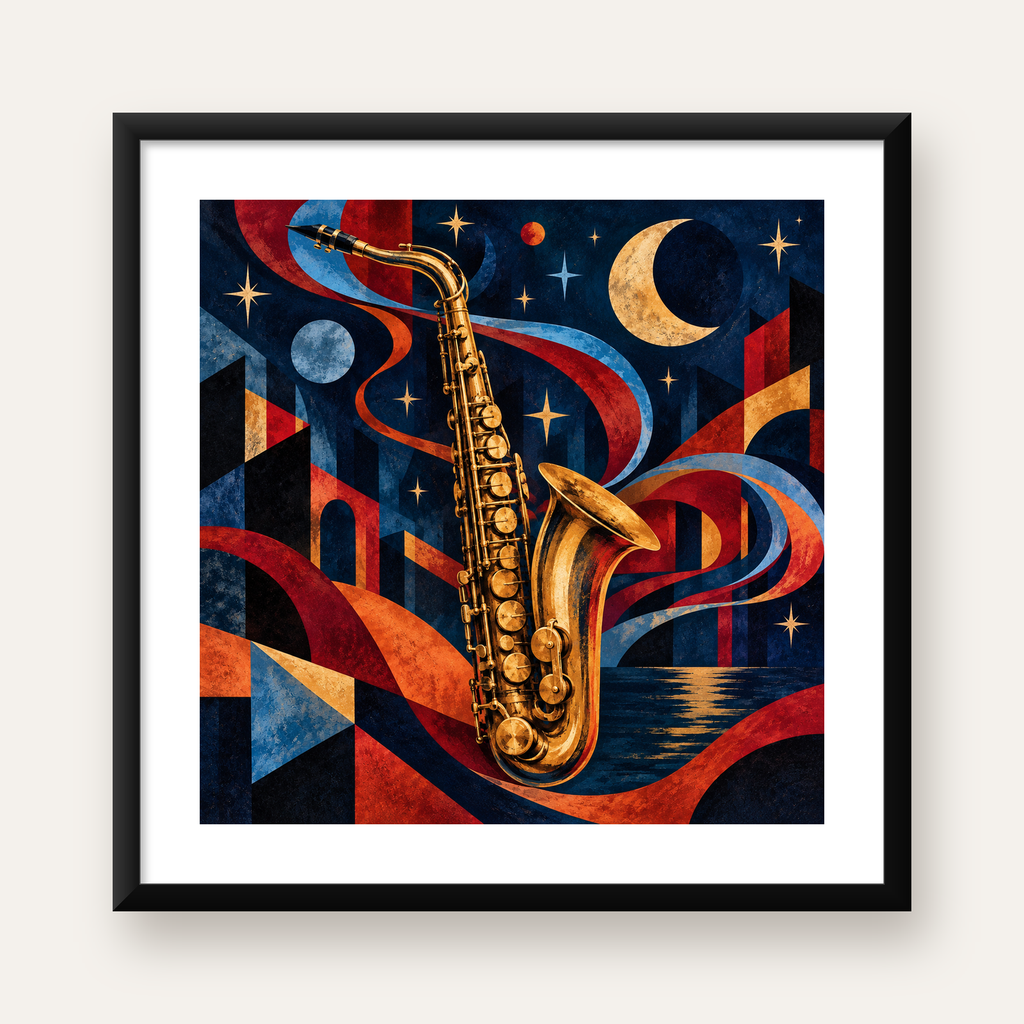 Saksafon ve Gece Manzarası Retro Modern Poster — Kare baskı, beyaz paspartulu