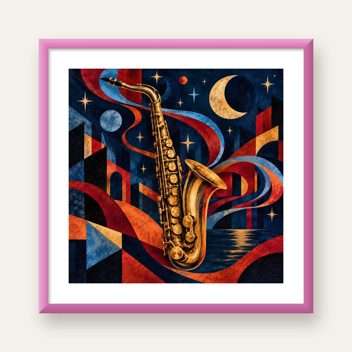 Saksafon ve Gece Manzarası Retro Modern Poster — pembe çerçeveli paspartulu