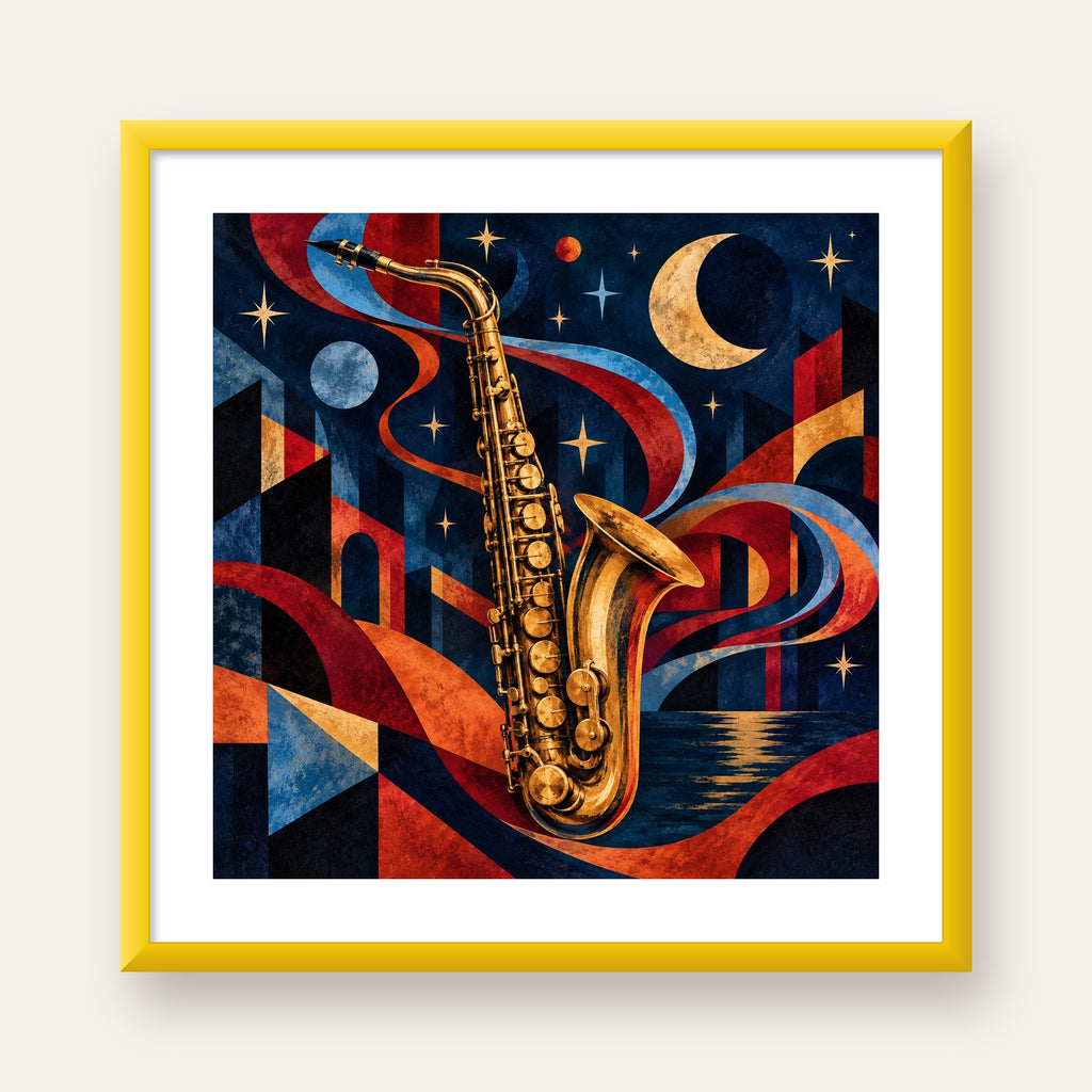 Saksafon ve Gece Manzarası Retro Modern Poster — sarı çerçeveli paspartulu
