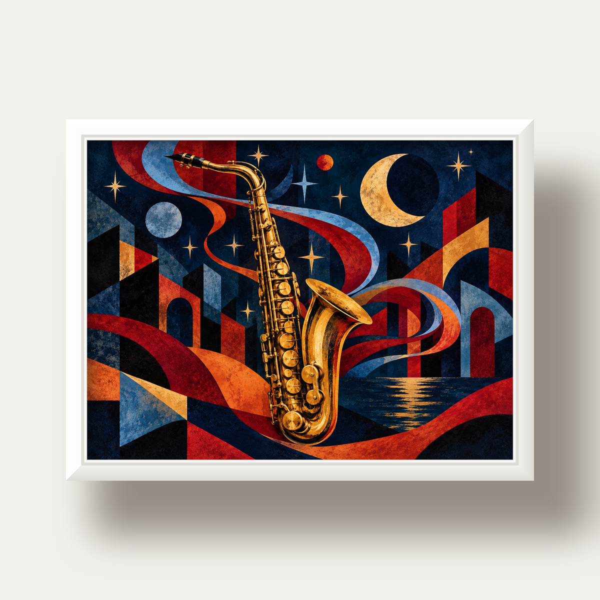 Saksafon ve Gece Manzarası Retro Modern Poster — beyaz derin çerçeveli