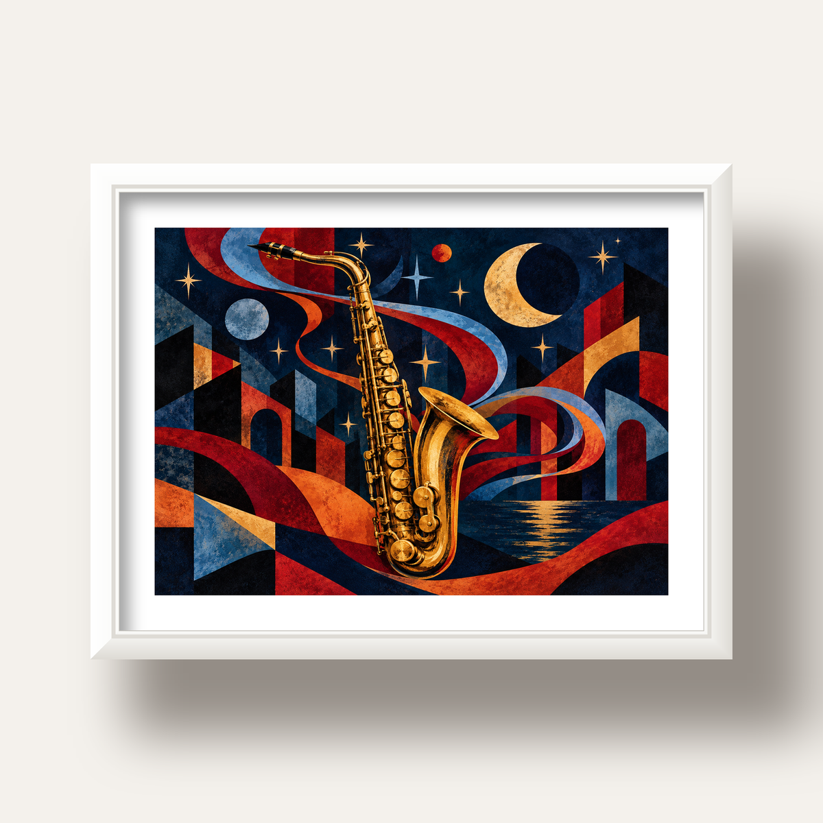 Saksafon ve Gece Manzarası Retro Modern Poster — beyaz derin çerçeveli paspartulu