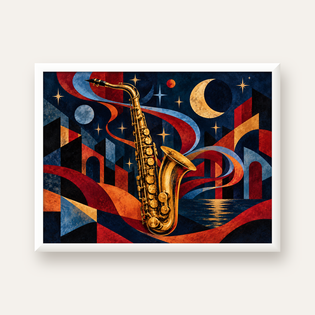 Saksafon ve Gece Manzarası Retro Modern Poster — beyaz çerçeveli yatay poster