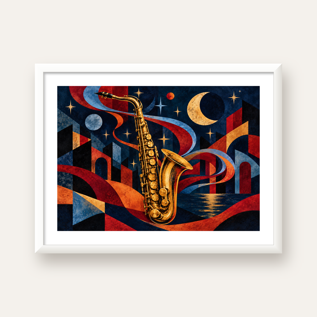 Saksafon ve Gece Manzarası Retro Modern Poster — beyaz çerçeveli yatay poster
