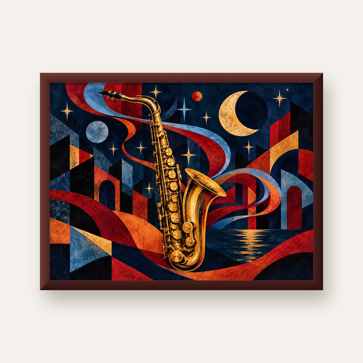Saksafon ve Gece Manzarası Retro Modern Poster — ceviz çerçeveli