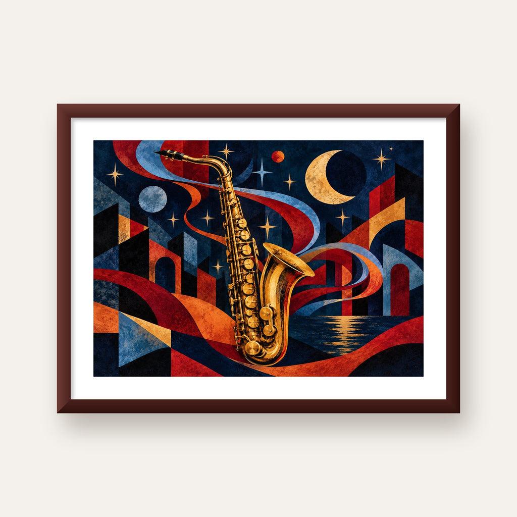 Saksafon ve Gece Manzarası Retro Modern Poster — ceviz çerçeveli paspartulu