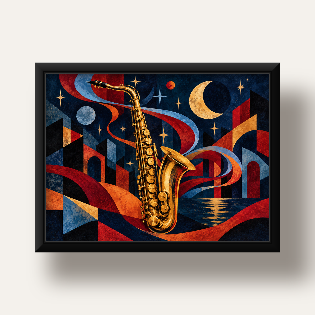 Saksafon ve Gece Manzarası Retro Modern Poster — siyah derin çerçeveli