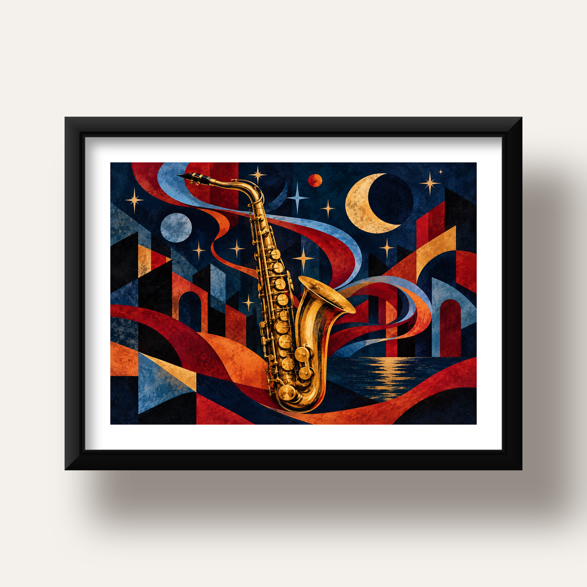 Saksafon ve Gece Manzarası Retro Modern Poster — siyah derin çerçeveli paspartulu