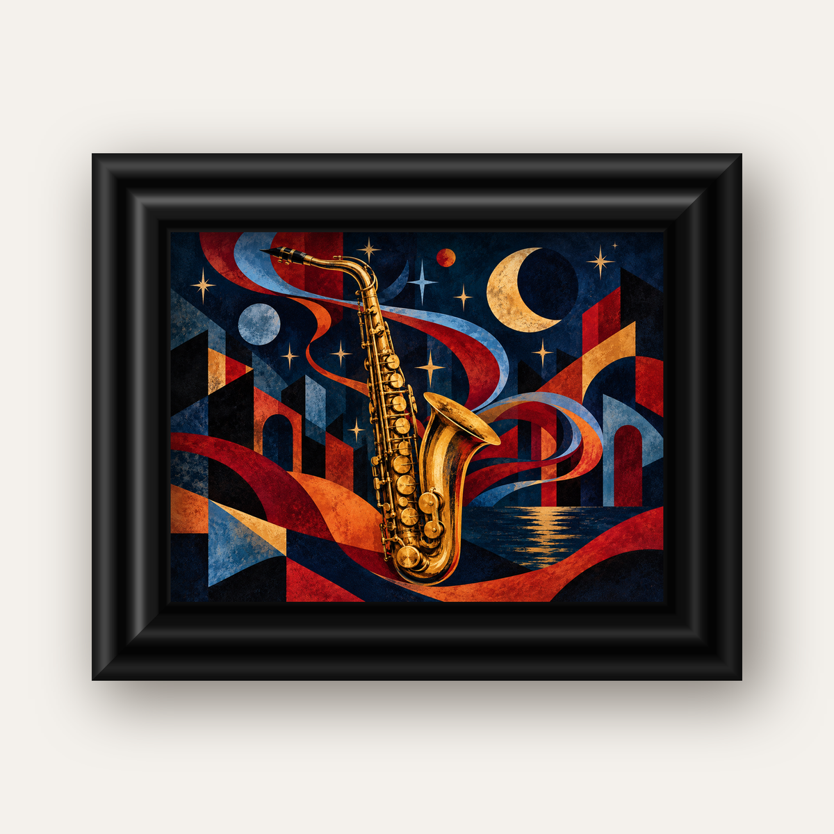 Saksafon ve Gece Manzarası Retro Modern Poster — siyah galeri çerçeveli