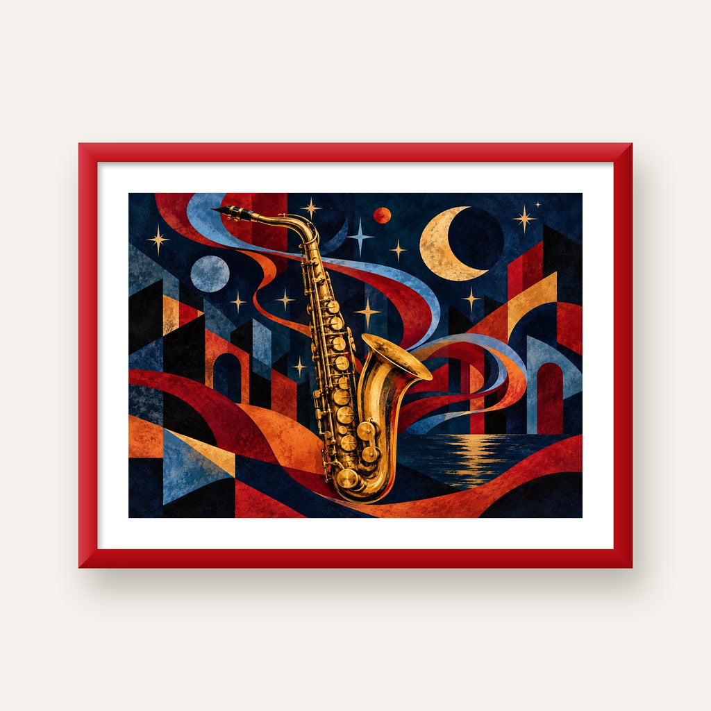 Saksafon ve Gece Manzarası Retro Modern Poster — kırmızı çerçeveli paspartulu
