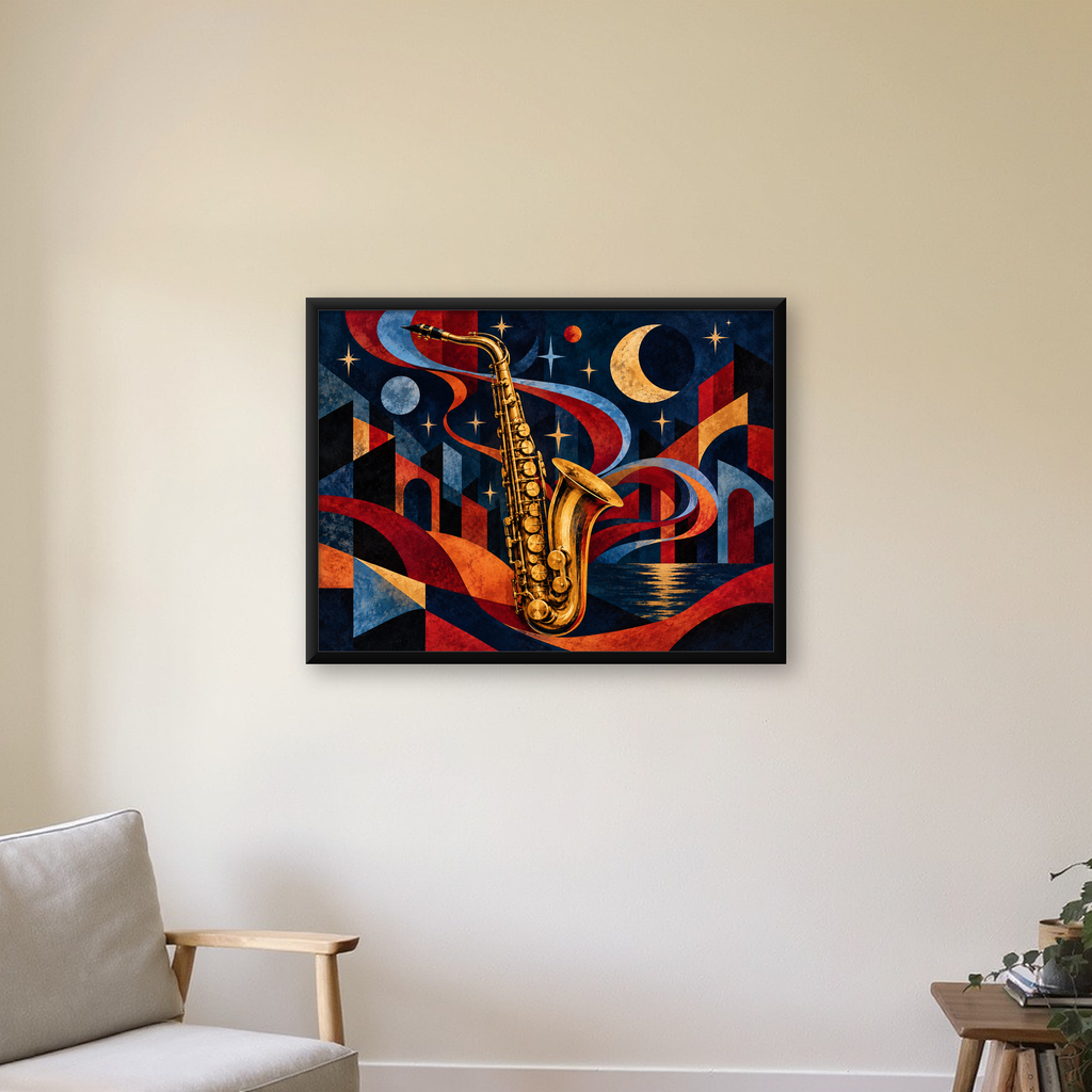 Saksafon ve Gece Manzarası Retro Modern Poster — Yatay baskı, çerçeveli hâliyle bir ev duvarında