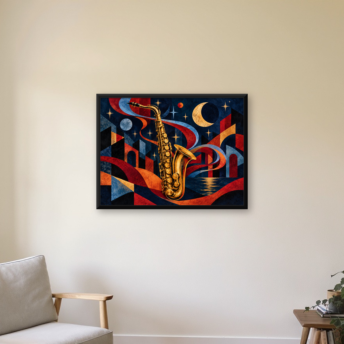 Saksafon ve Gece Manzarası Retro Modern Poster — Yatay baskı, çerçeveli hâliyle bir ev duvarında
