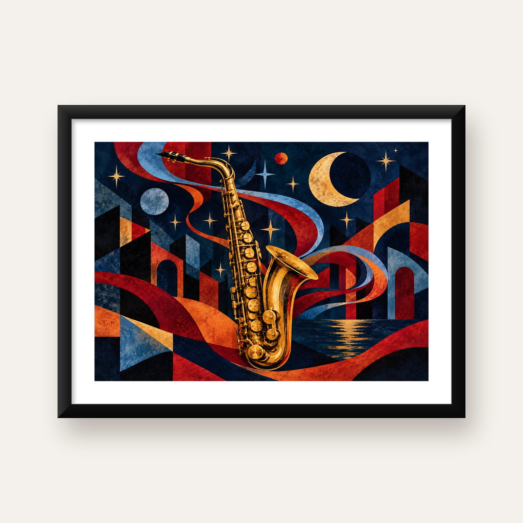 Saksafon ve Gece Manzarası Retro Modern Poster — Yatay baskı, beyaz paspartulu