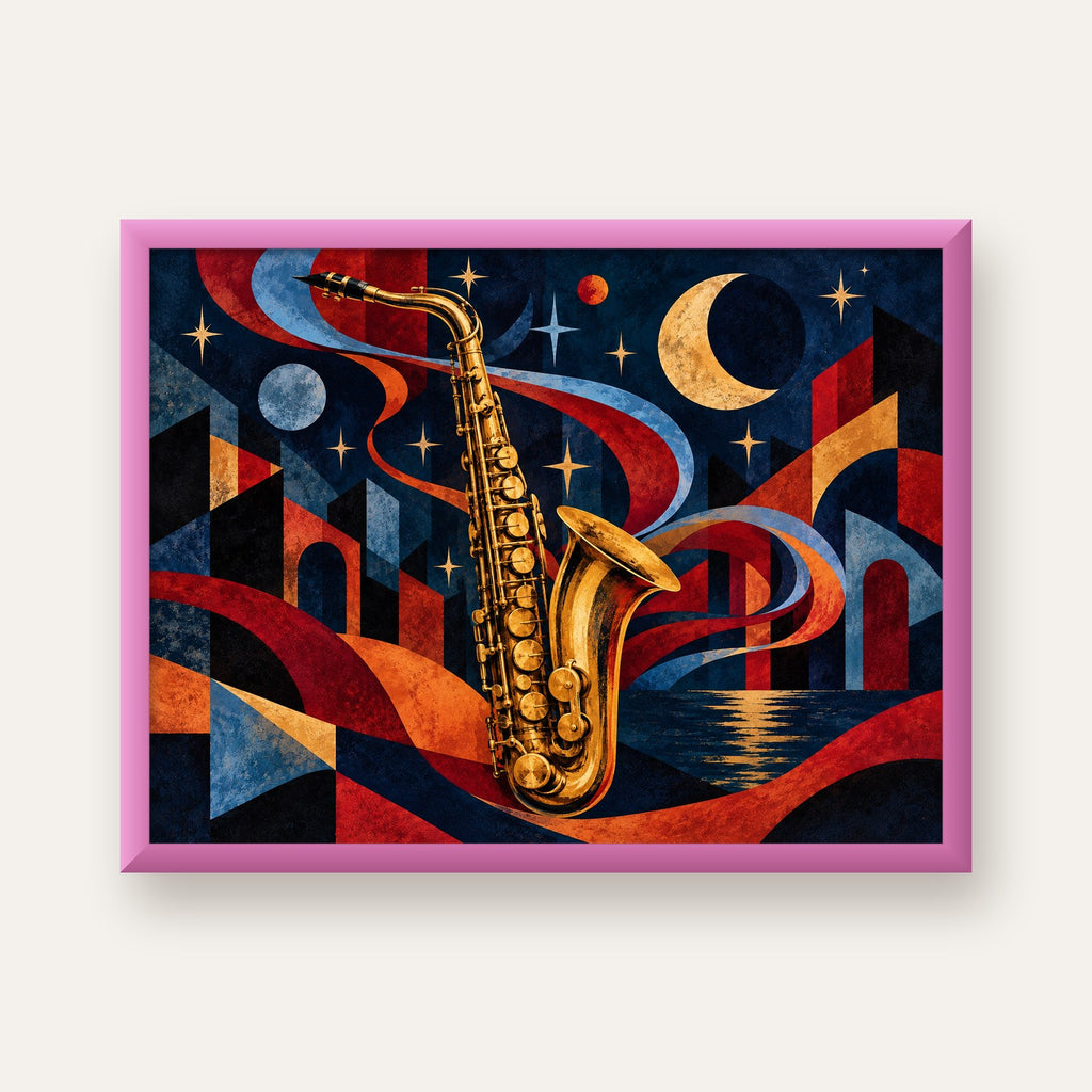 Saksafon ve Gece Manzarası Retro Modern Poster — pembe çerçeveli