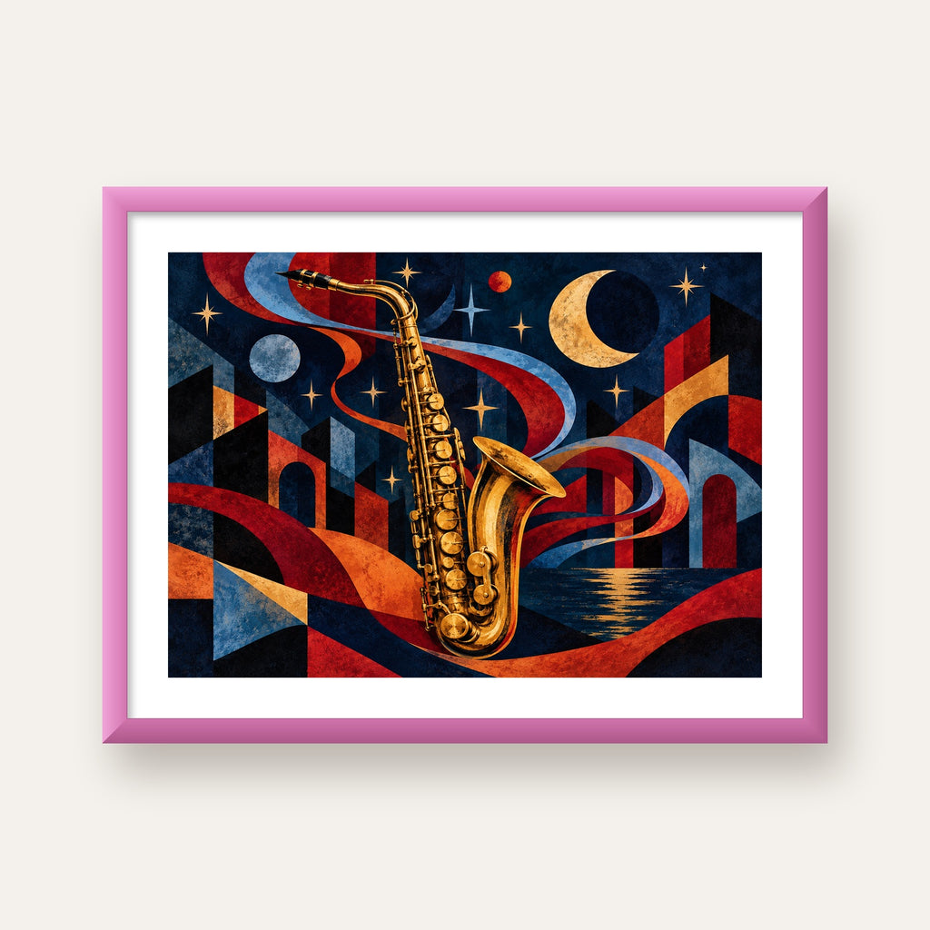Saksafon ve Gece Manzarası Retro Modern Poster — pembe çerçeveli paspartulu