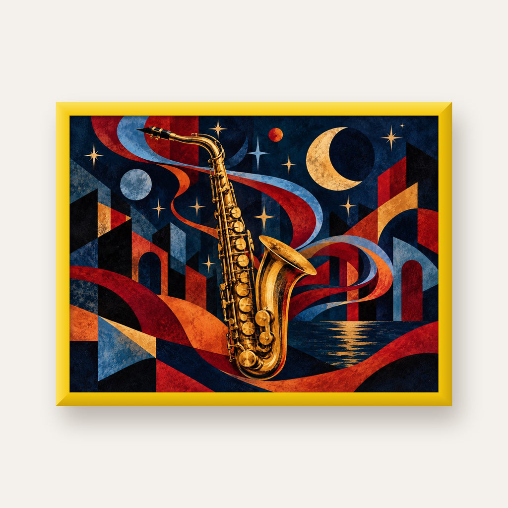 Saksafon ve Gece Manzarası Retro Modern Poster — sarı çerçeveli