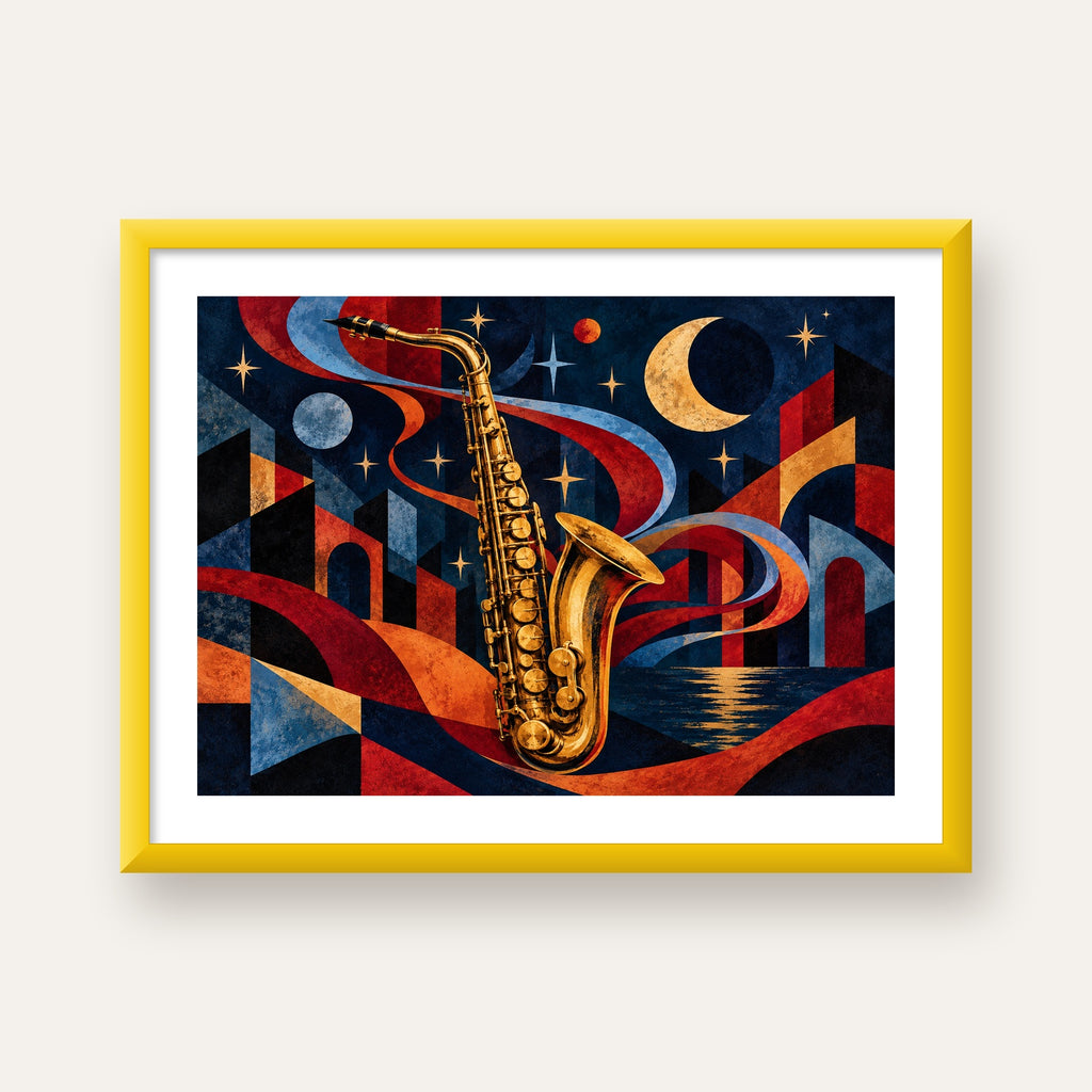 Saksafon ve Gece Manzarası Retro Modern Poster — sarı çerçeveli paspartulu