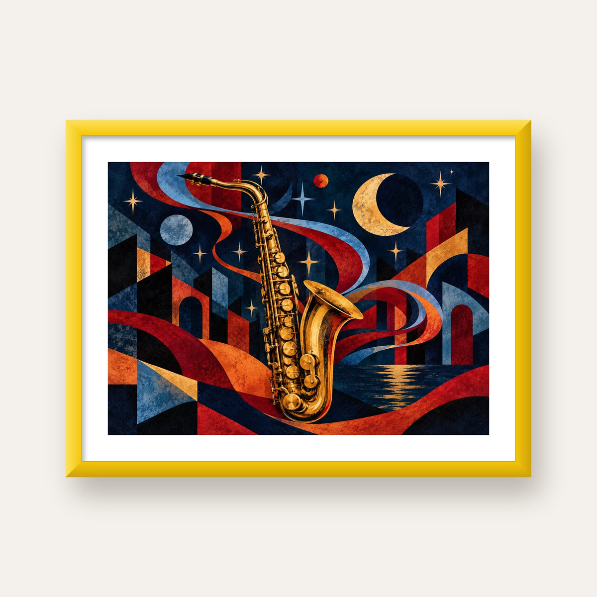 Saksafon ve Gece Manzarası Retro Modern Poster — sarı çerçeveli paspartulu