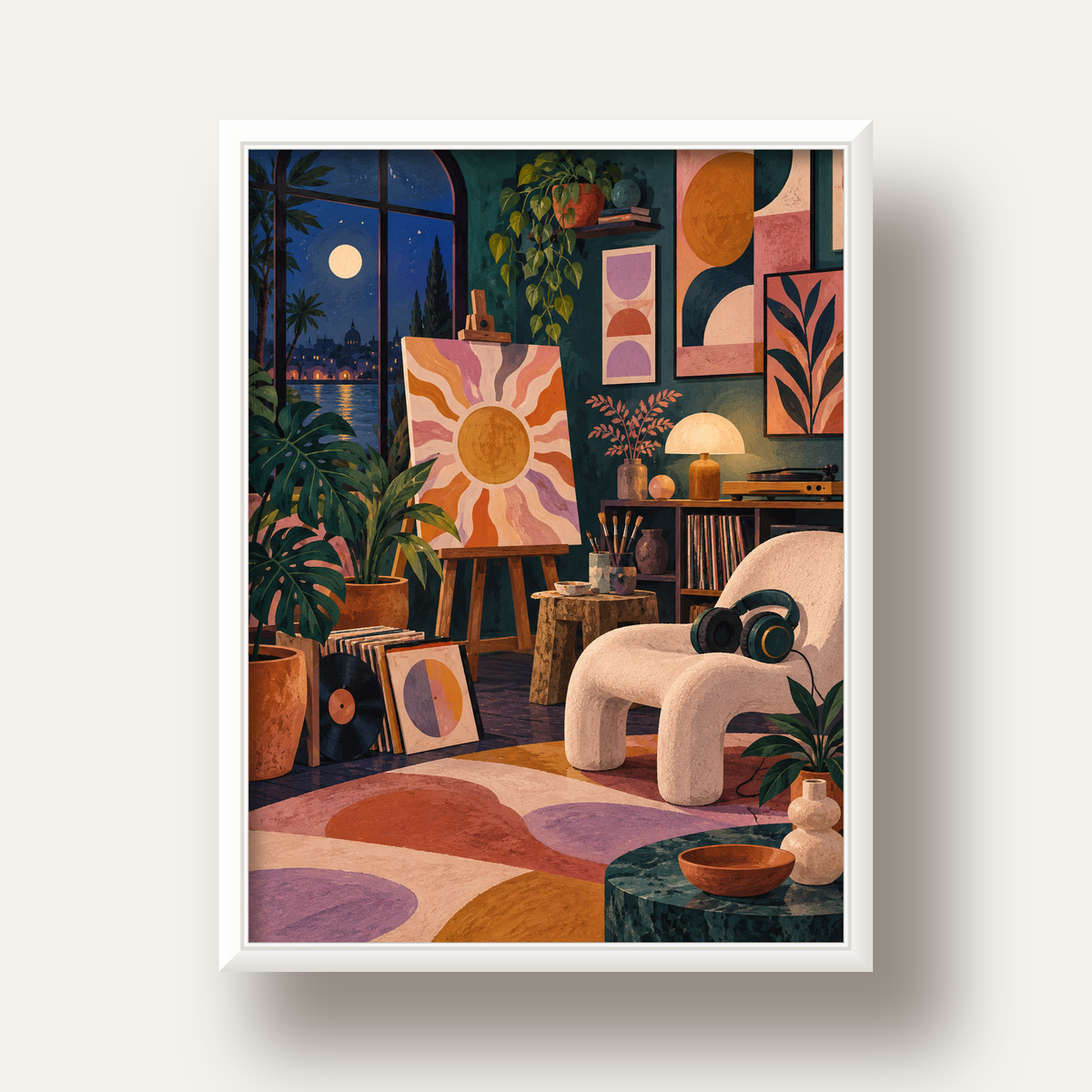 Retro Sanat Atölyesi İç Mekan Poster – Şehir ve Ay Işığı Manzaralı — beyaz derin çerçeveli