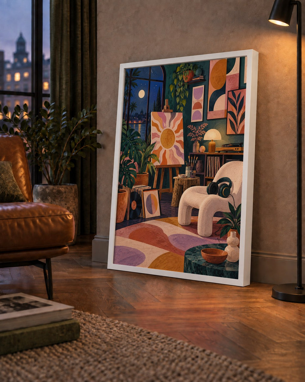 Retro Sanat Atölyesi İç Mekan Poster – Şehir ve Ay Işığı Manzaralı — çerçeveli hâliyle bir ev duvarında