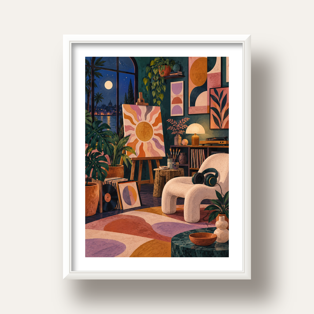Retro Sanat Atölyesi İç Mekan Poster – Şehir ve Ay Işığı Manzaralı — beyaz derin çerçeveli paspartulu