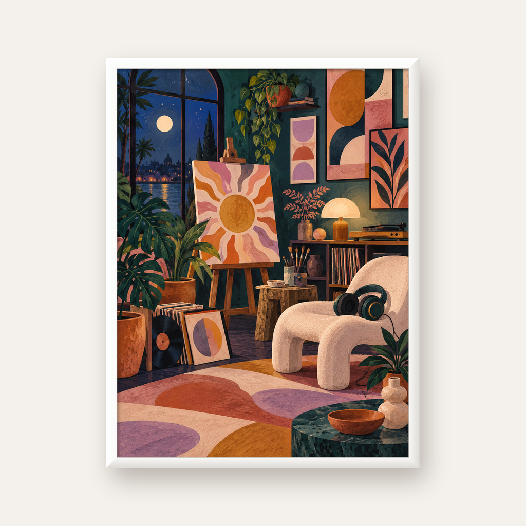 Retro Sanat Atölyesi İç Mekan Poster – Şehir ve Ay Işığı Manzaralı — beyaz çerçeveli dikey poster