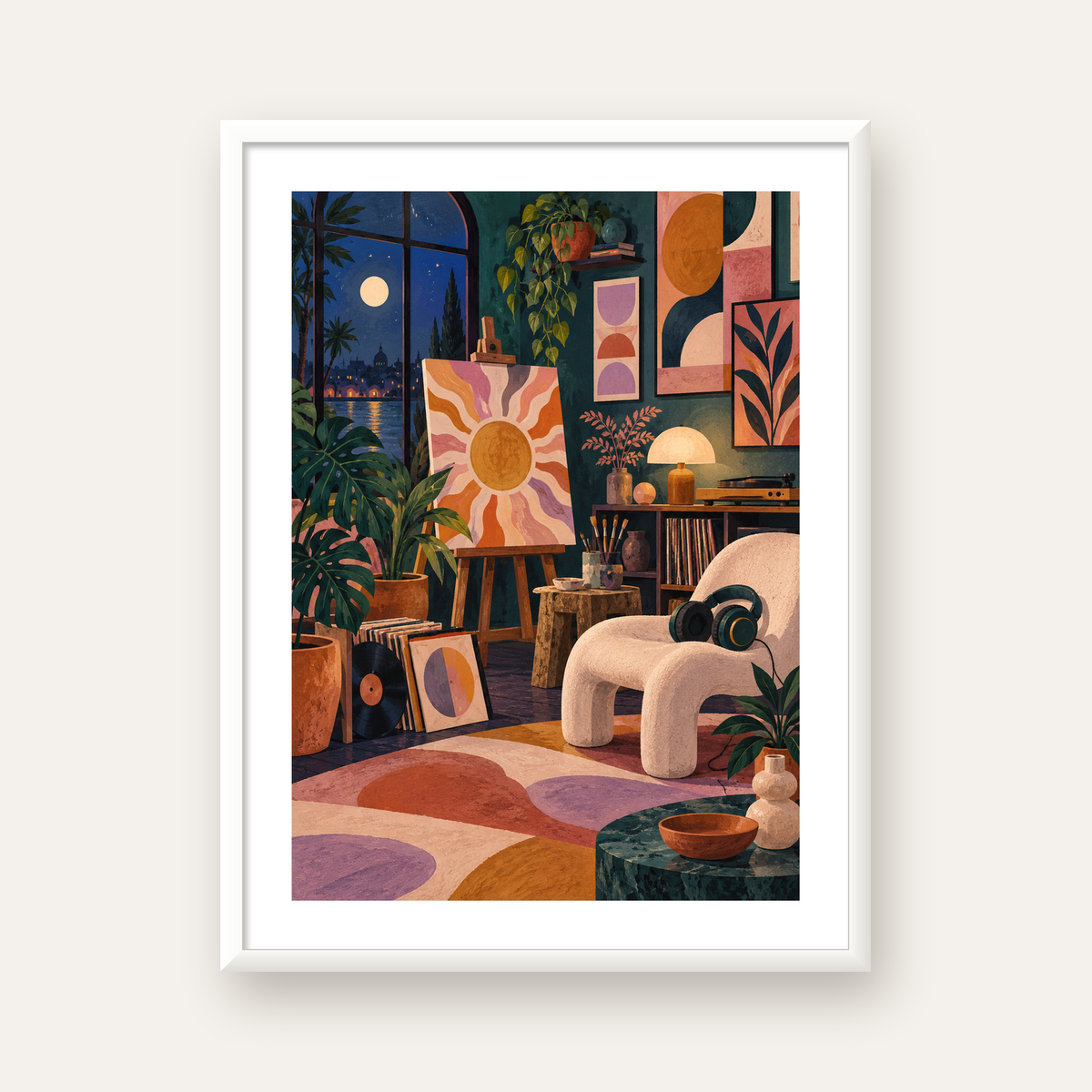 Retro Sanat Atölyesi İç Mekan Poster – Şehir ve Ay Işığı Manzaralı — beyaz çerçeveli dikey poster