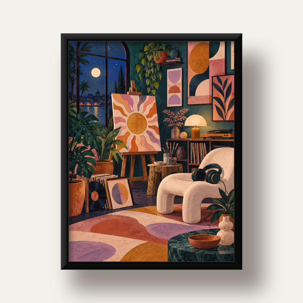 Retro Sanat Atölyesi İç Mekan Poster – Şehir ve Ay Işığı Manzaralı — siyah derin çerçeveli