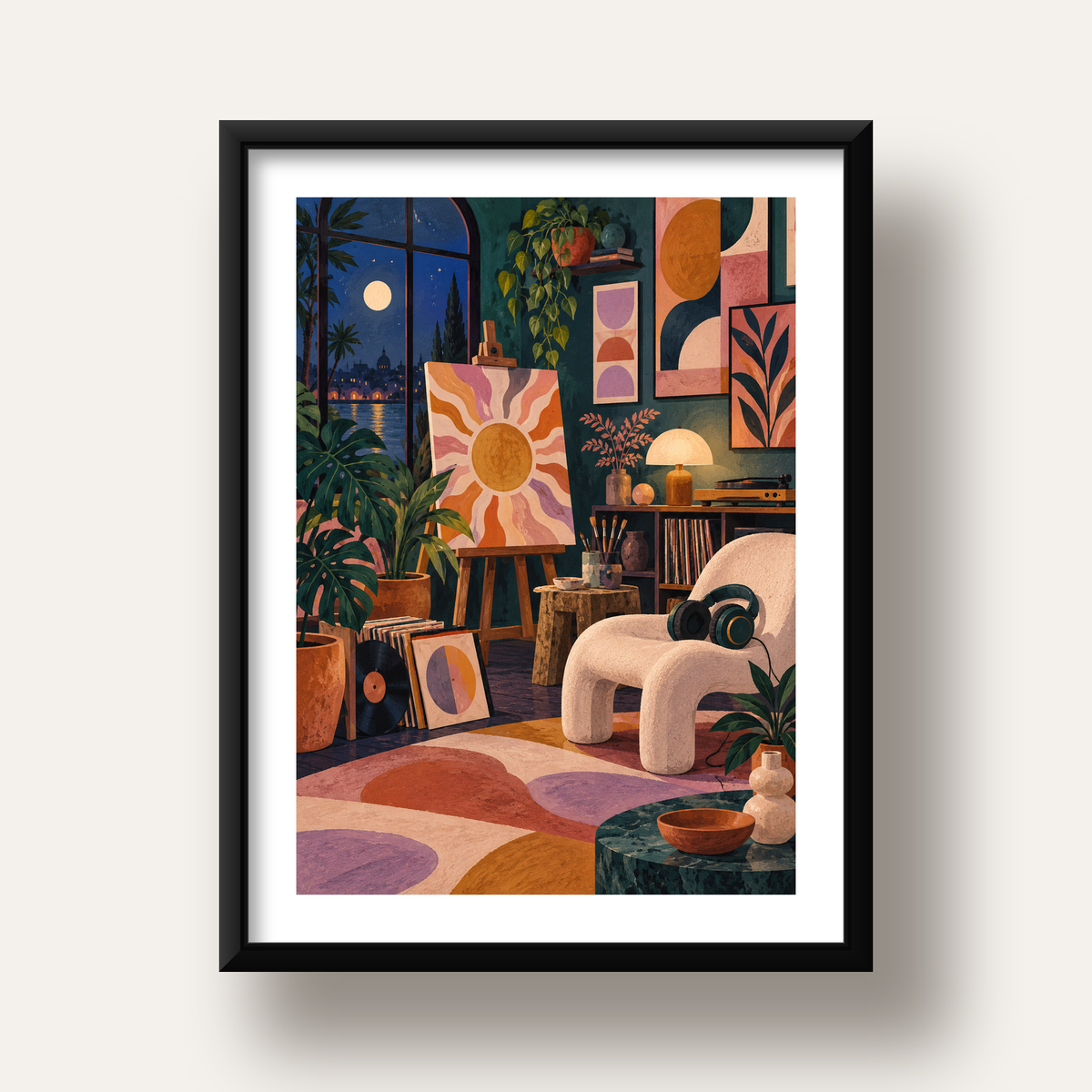 Retro Sanat Atölyesi İç Mekan Poster – Şehir ve Ay Işığı Manzaralı — siyah derin çerçeveli paspartulu